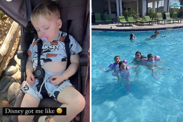 L: The Radford couple's grandson Chester asleep. R: Four of the girls enjoying a swim back at the hotel. Credit: @theradfordfamily on Instagram