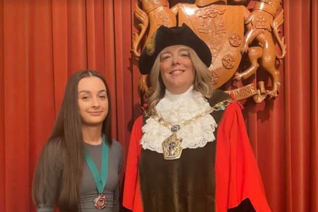 Ate you the next youth mayor?  Pictured, The Mayor of Wyre for 2024/5, Coun Jane Preston, with  Youth Mayor, Macey Rainbow (left)