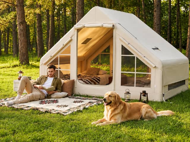 The inflatable camping tent accommodates up to four people and includes a manual pump, guy ropes, stakes and carry bag