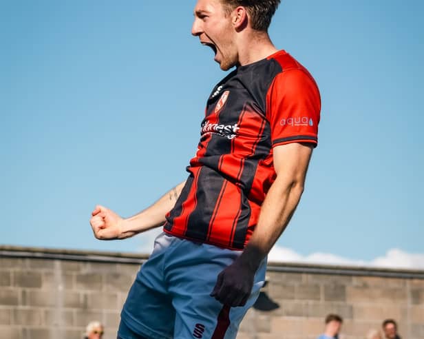 Matty Daly celebrates his goal during Morrecambe ‘s 4-0 win over Buxton 