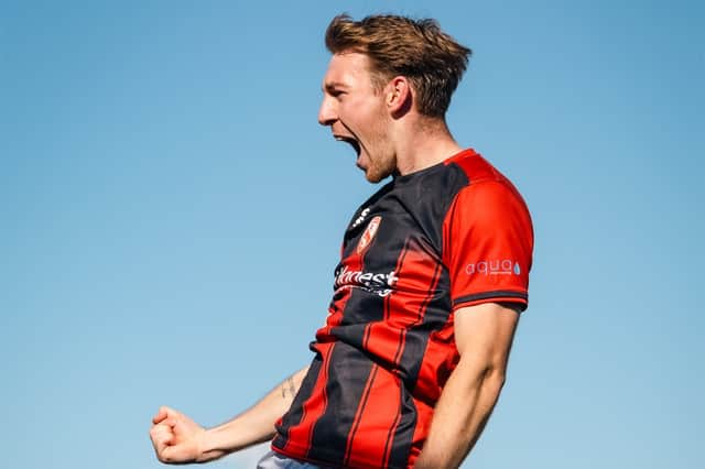Matty Daly celebrates his goal during Morrecambe ‘s 4-0 win over Buxton