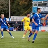Jules Flanagan (left) brought Lancaster City level against Leek Town