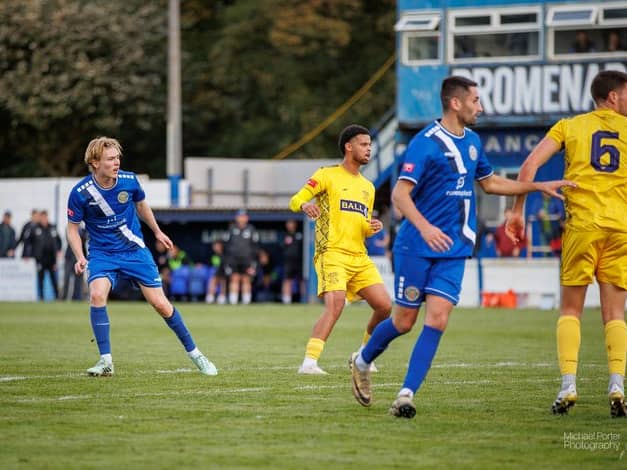Jules Flanagan (left) brought Lancaster City level against Leek Town