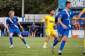 Jules Flanagan (left) brought Lancaster City level against Leek Town