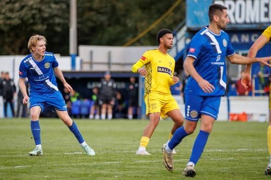 Jules Flanagan (left) brought Lancaster City level against Leek Town