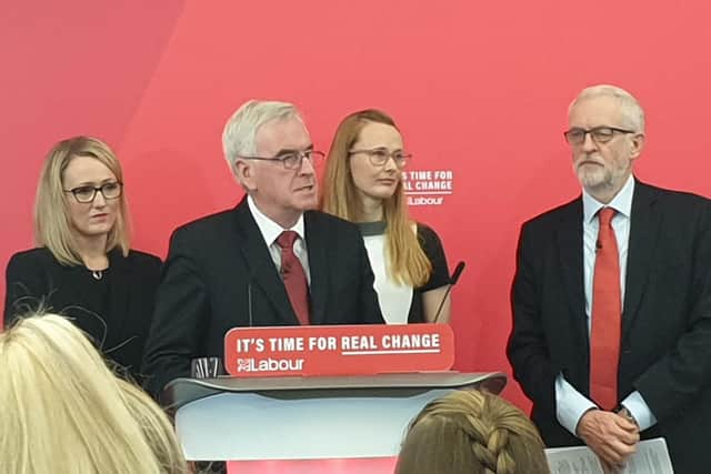 Jeremy Corbyn with Cat Smith, John McDonnell and Rebecca Long Bailey at Lancaster University this morning.