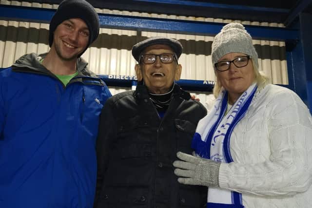 Joseph Crawford at the match on Saturday with Laurel Bank general manager Lyndsay Scott, and activity co-ordinator Jamie Hodgson.