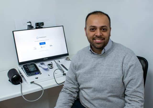 Co-founder Dr Zubair Ahmed with the new Medicspot digital health service, complete with blood pressure, thermometer, pulse oximeter, close examination camera and stethoscope connected devices. The station will be introduced to pharmacies across Morecambe early next year.