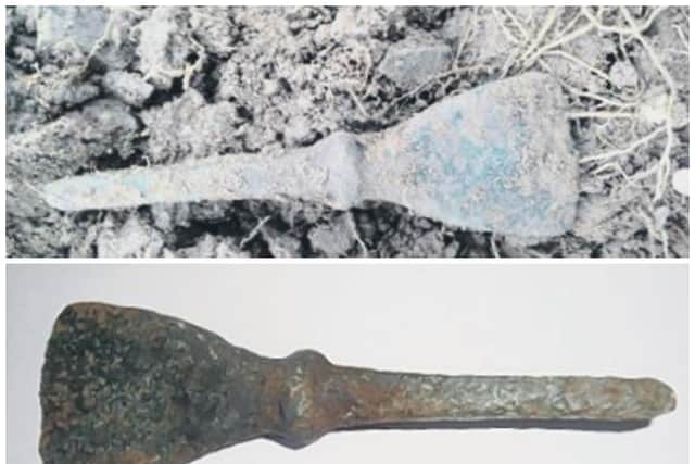 The Bronze Age chisel on site (top) and when cleaned (bottom)