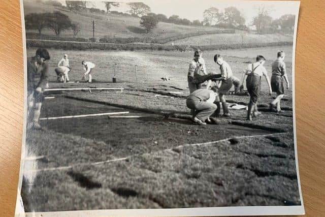 Bentham Grammar School feature. The Lonsdale Boys laying the cricket square. Date of magazine unknown. Taken during the 1950s. Picture courtesy of Bentham Grammar School.
