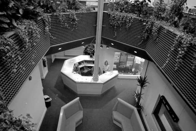 Looking down from the newsroom on the reception at Red Rose Radio ahead of its launch in October 1982