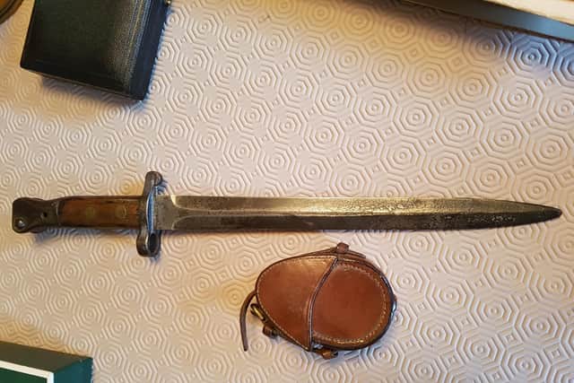 Lt Ronald Macdonald's compass and a trench knife (a bayonet conversion) they would be taken on raids on German trenches to capture prisoners and gain intelligence material.