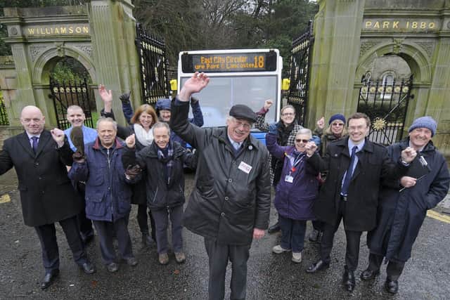 Members of the Bus Users Group, councillors and Stagecoach representatives celebrate the launch of a new timetable on the number 18 in 2017. Pictured centre is Jim Davies, chairman of the Bus Users Group.