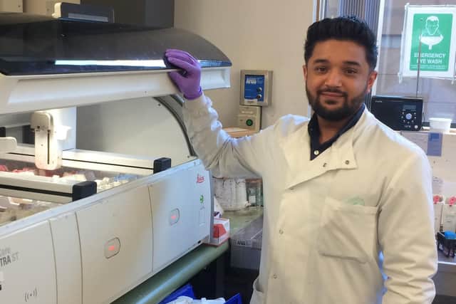 Healthcare Science Week at UHMBT. Pictured is Mo Chaudry, trainee biomedical scientist at work.
