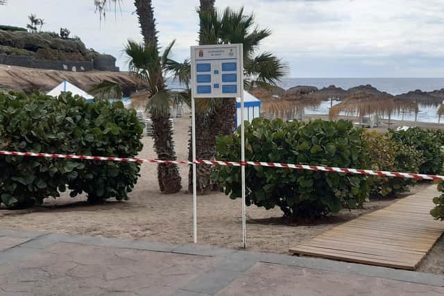 The cordoned off beach at El Duque, Tenerife