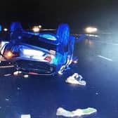 A 31-year-old man has been arrested for drug related offences and on suspicion of drug driving after a Nissan Qashqai overturned on the M6 in the early hours of Friday morning (March 13). Pic: Lancashire Police