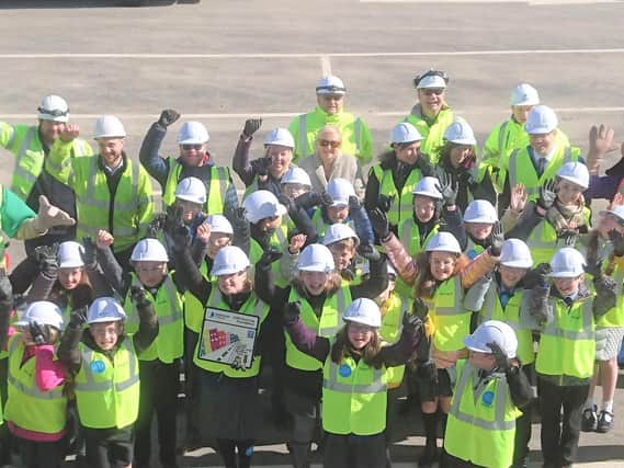 Children from Stanah Primary School at Thornton-Cleveleys visited the A585 Norcross roundabout site after winning a design-a-sign road safety competition