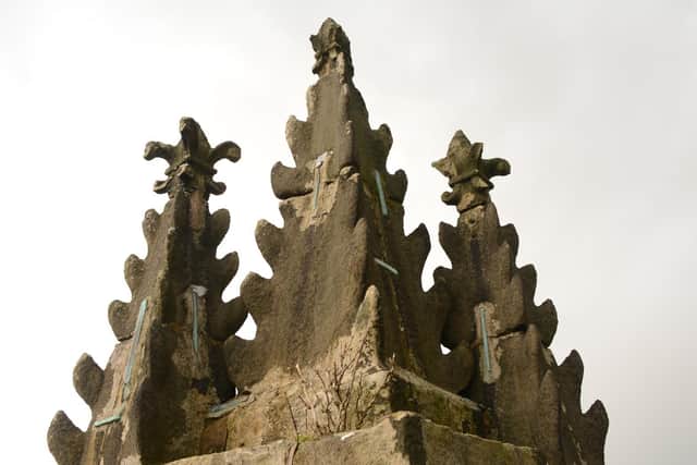 Severe erosion on the pinnacles of the Priory Church tower.