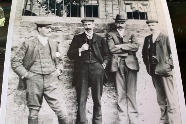 Local gentlemen, Wray Endowed School. From left: James Smith (headmaster of Wray Endowed School 1884-1914), Thomas Taylor, postmaster of Wray 1904-1906), Peter Grant (woodman of Hornby Castle, died 1924), William Birkett Dixon (owner of a woodturning business at Millhouses, near Wray, 1875-1946).