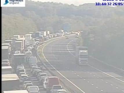The M6 was closed after a car "collided with a bridge" near Carnforth.(Credit: Highways England)