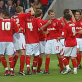 Morecambe celebrate Andy Fleming scoring against Coventry City