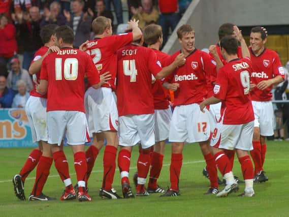 Morecambe celebrate Andy Fleming scoring against Coventry City