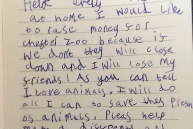 Part of Evelyn's letter explaining why she wants to save Chester Zoo.