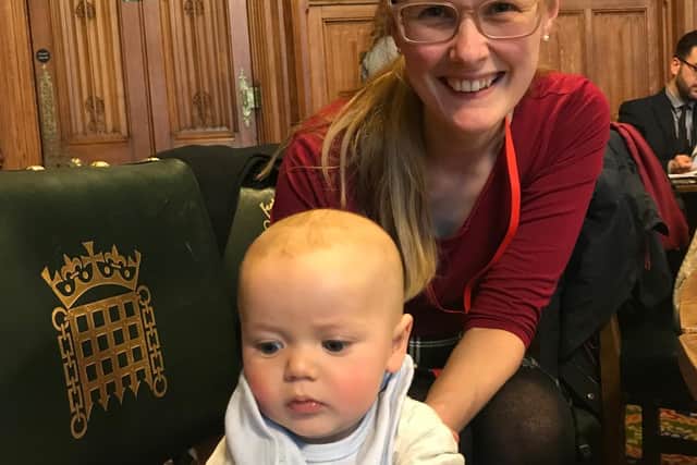 Lancaster and Fleetwood MP Cat Smith and her son Eli in the Houses of Parliament.