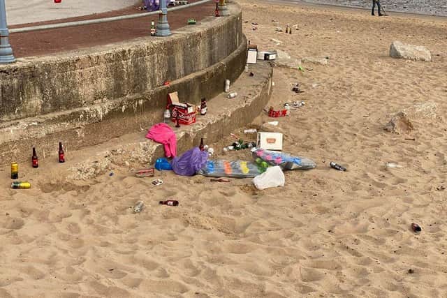 Rubbish was strewn across the beach and promenade in Morecambe.