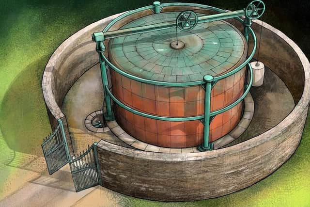 A graphic reconstruction of the gas holder. Copyright John Vallender, Historic England.