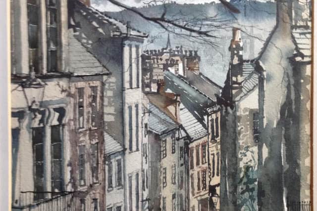 Part of watercolour painting of St Mary's Gate, Lancaster, painted in 1954 by John Whalley