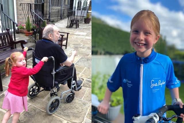 Nell Baker pictured with her grandpa and, right, ready for her charity bike ride.