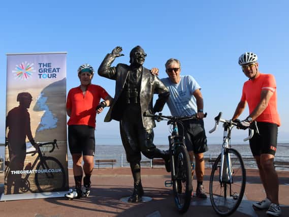The Great Tour cyclists in Morecambe before setting off on Day 40 of their ride, left to right Paul Hargreaves, Hugh Roberts and Robin Young.