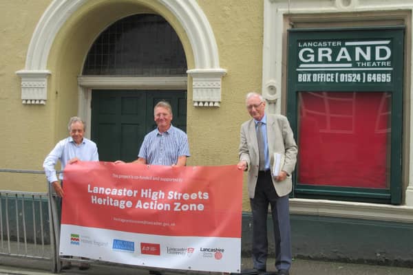 Coun Tim Hamilton-Cox (cabinet member for sustainable economic prosperity), with Charles Willett and David Hardy (trustees of Lancaster Footlights).