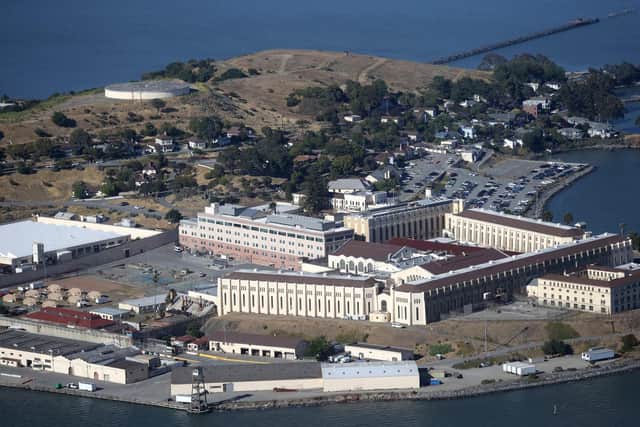 An aerial view San Quentin State Prison on July 8, 2020 in San Quentin, California. Photo by Justin Sullivan/Getty Images).