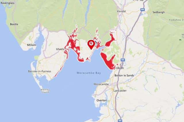 Flooding is expected on along the Cumbrian coastline at North Morecambe Bay, from Roosebeck to Carnforth