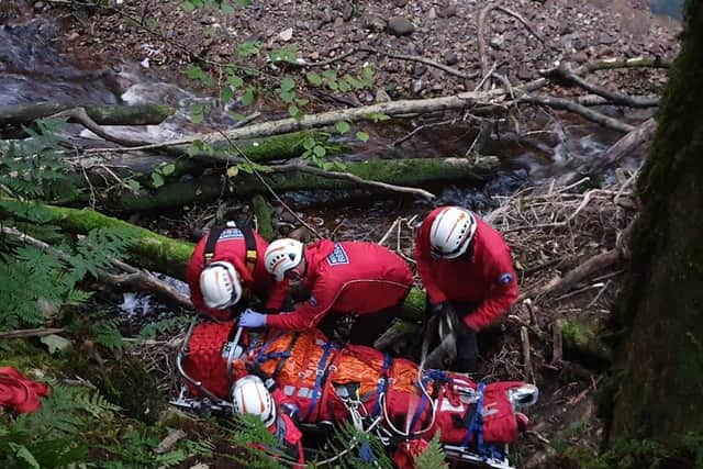 The man is located and put in a stretcher. Photo: Bowland Pennine Mountain Rescue Team.