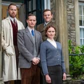 The stars of Channel 5's new version of All Creatures Great and Small. Clockwise from top left: Siegfried Farnon (Samuel West); Tristan Farnon (Callum Woodhouse); Mrs Hall (Anna Madeley) James Herriot (Nicholas Ralph)