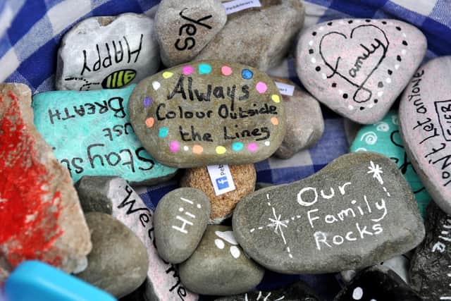 Jacky Burns has started off a new craze in the Heysham area called Pebbleart - she finds pebbles on the beach, paints and varnishes them, then hides them in the local area for people to find.