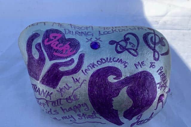 One of the pebbles a member of the public had done in memory of Morecambe's 'Mrs Pebbleart' Jacky Burns, who died recently.