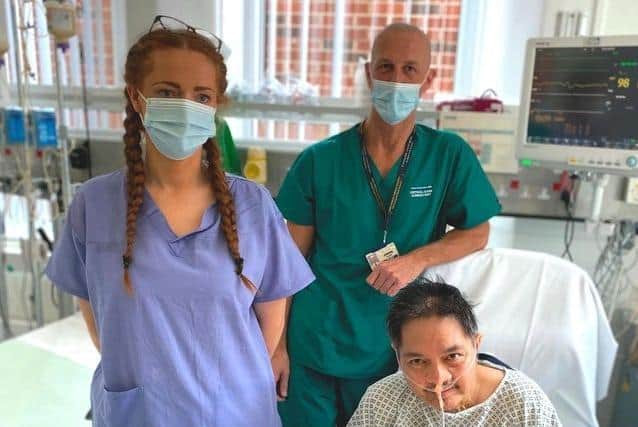 Staff nurse Sarah Kenny, Dr Jason Cupitt and Roehl Ribaya. Pic credit: Blackpool Teaching Hospitals