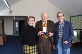 Crispin Truman OBE, Chief Exec of CPRE (right) and Debbie McConnell (left) present former Liverpool University professor Dr Des Brennan the Countryside Medal, CPRE's prestigious Volunteer Award