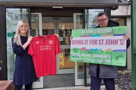Mazuma, have become the main shirt sponsors for Morecambe Shrimps’ FA Cup campaign and have donated that space to St John’s Hospice. Pictured are Suzanne Parker, Mazuma and Martin Thomas, on behalf of The Shrimps.