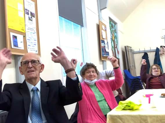 Group members Ian, Oonah and Maureen enjoying chair-based exercise at a recent Lyrics & Lunch session at St Chad’s church hall. Photo by Steve Pendrill
