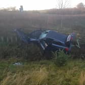 The BMW crashed on the junction 34 south bound slip road of the M6 in Lancaster this afternoon (Saturday, November 21)
