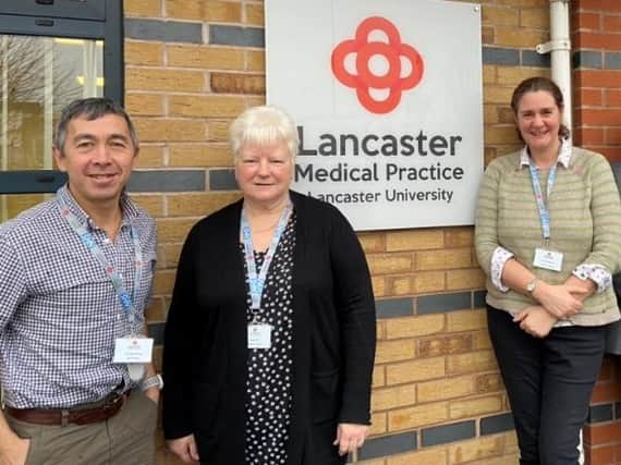 The Lancaster Medical Practice Research Team: Helen Wadeson (research nurse), Angie Hall (research nurse) and Dr Mike Wong (principal investigator). Photo taken before the Covid-19 pandemic)