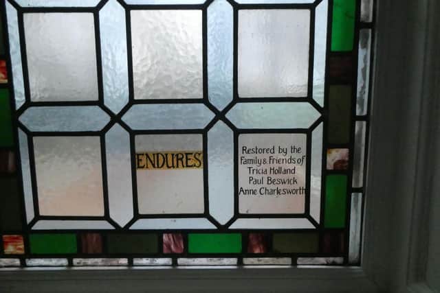 Tucked away on a landing within Slynedales, the headquarters of Lancaster-based charity CancerCare, is this small and beautiful stained glass window. An inscription reveals that the glass work had been restored by the familes and friends of three young pals who had died from cancer around about the same time. One of them was Heysham-born Anne Charlesworth