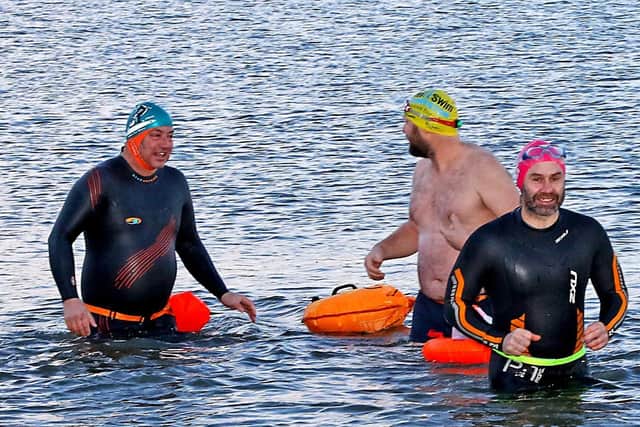 Some of the MALLOWS open water swimming group enjoy an icy dip in Morecambe Bay. Picture: Tony North
