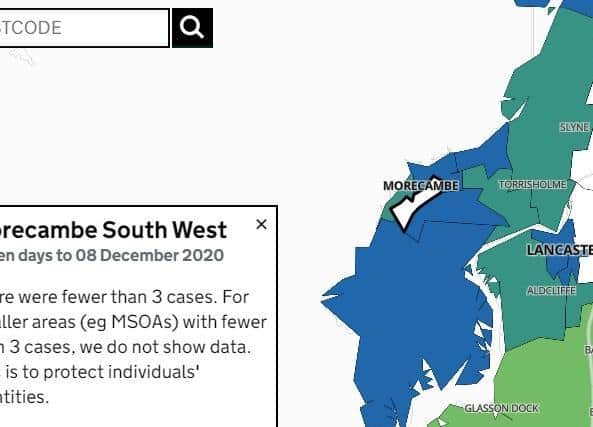 Morecambe South West also shows fewer than three Covid-19 cases.