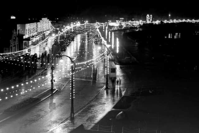View along Morecambe Illuminations after the switch on in 1954.